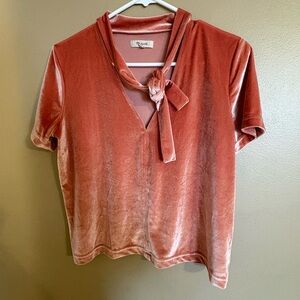 Madewell Velvet Tie Neck Top Blush Pink Short Sleeve Velour Shirt M